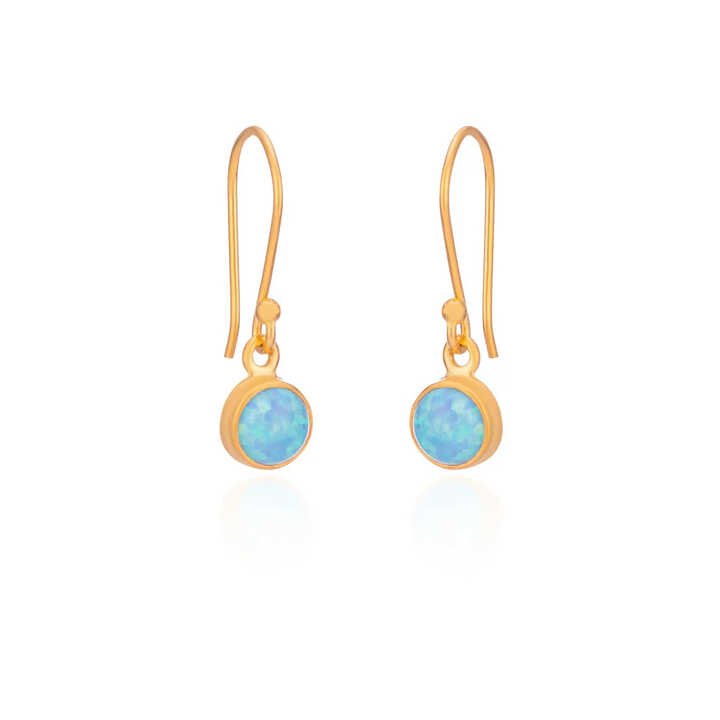 Gold plated sterling silver round opal drop earrings