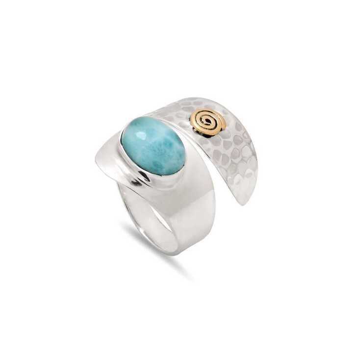 Sterling silver adjustable swirl ring with Larimar stone and brass detail 